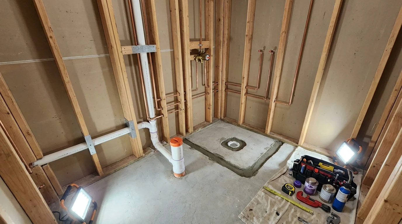 Bathroom rough-in plumbing during remodel by Johns Plumbing LLC in Hugo