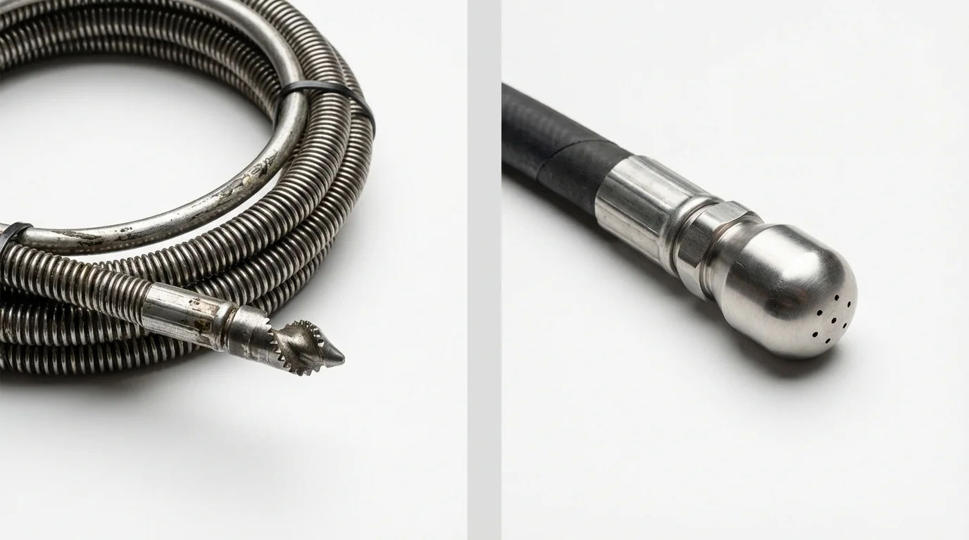 Drain snake cable and hydro jetting nozzle used for drain cleaning in Hugo, MN