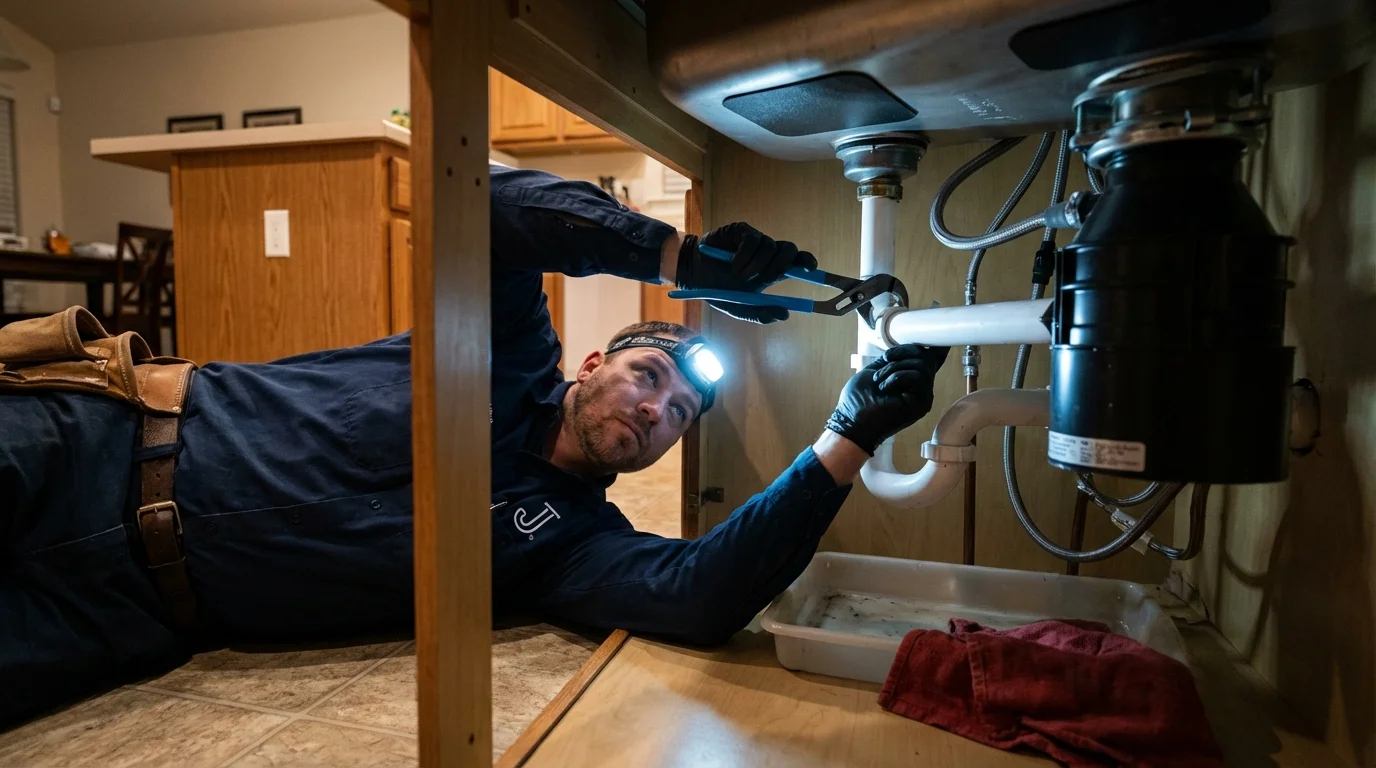 P-trap and supply line connections under a kitchen sink showing a common leak point in Hugo, MN